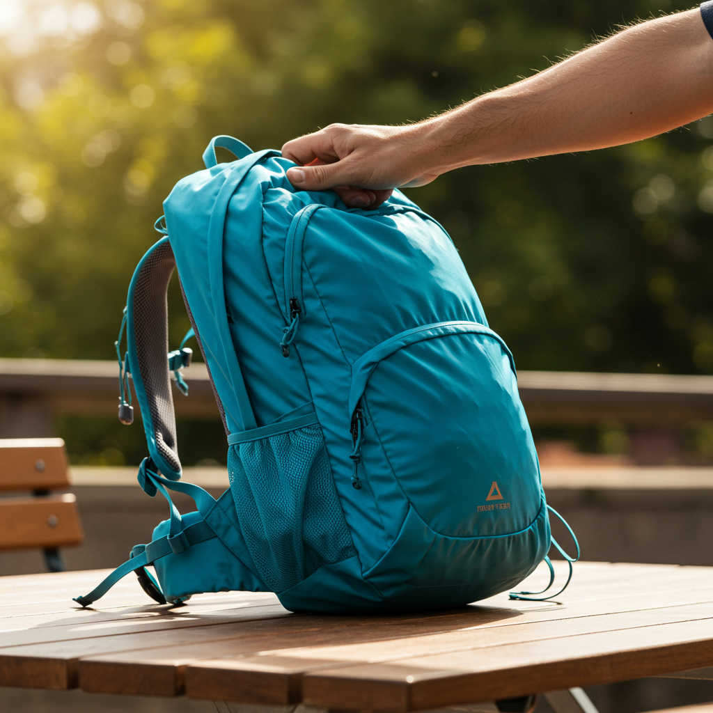 Person greift nach Fluchtrucksack