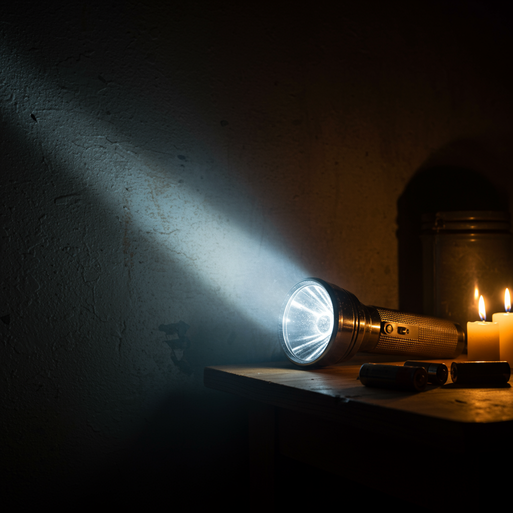 Taschenlampe beleuchtet dunklen Raum (Stromausfall Vorbereitung)