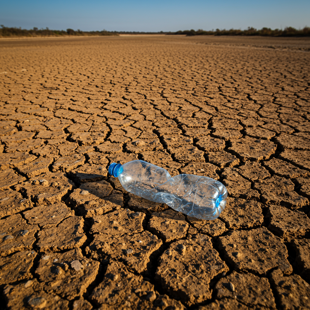 Leere Wasserflasche in trockener Landschaft (Überleben ohne Wasser)