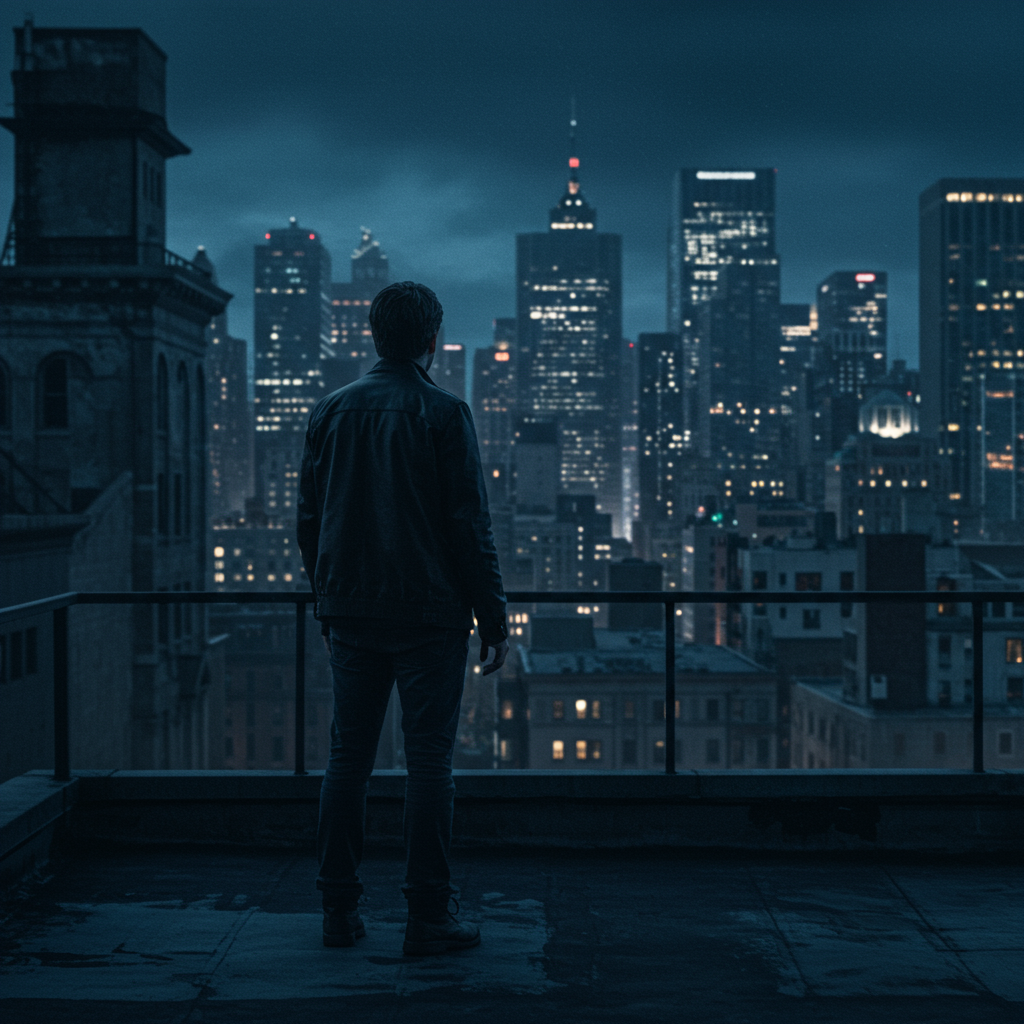 Person blickt über Stadtskyline (Urban Survival)