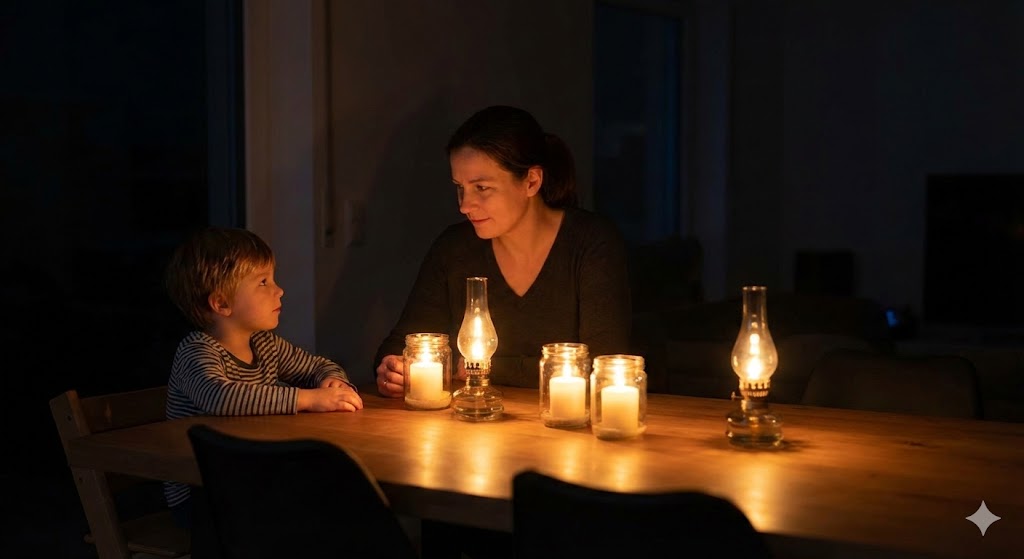 Mutter und Kind sitzen bei Stromausfall gemütlich am Tisch im Schein selbstgemachter Kerzen und Öllichter.