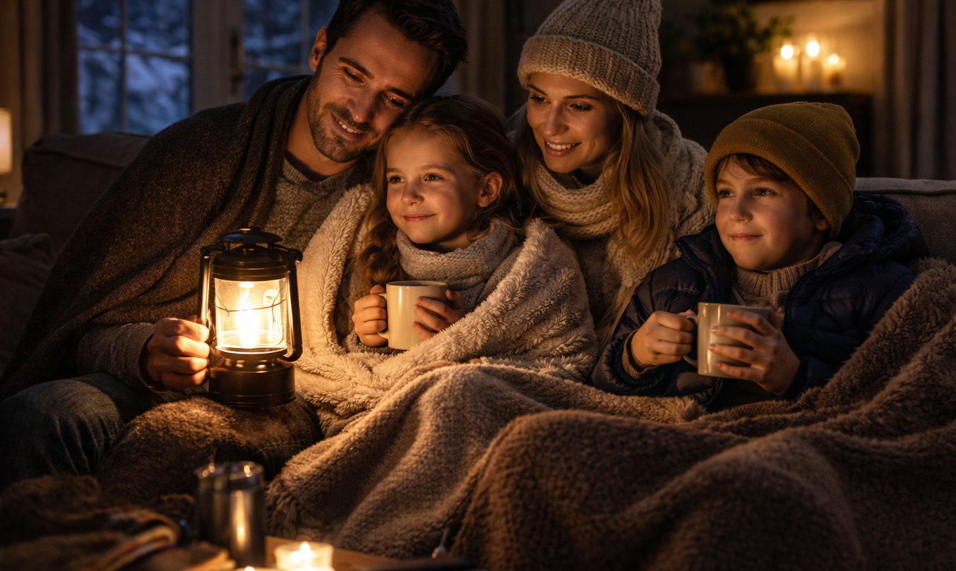 Familie sitzt bei Stromausfall im Winter gemeinsam im Wohnzimmer, warm angezogen mit Decken und Notlicht, ruhig und vorbereitet.