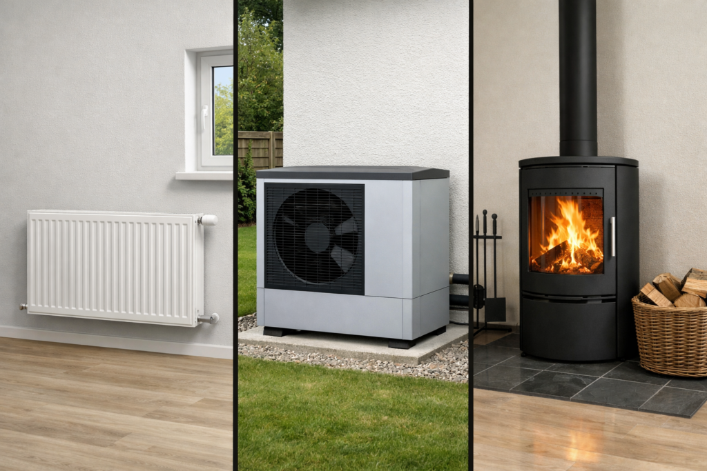 Vergleich von Heizsystemen im Einfamilienhaus: klassischer Heizkörper im Wohnraum, Luft-Wärmepumpe außen am Haus und moderner Kaminofen im Innenbereich.