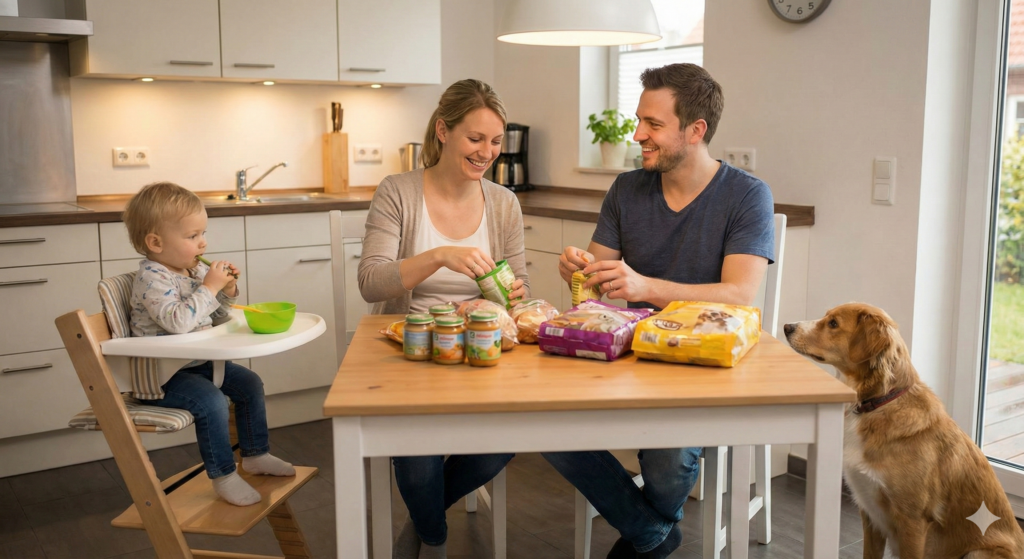 Familie sortiert Vorräte inklusive Babynahrung und Tierfutter in der Küche ein.