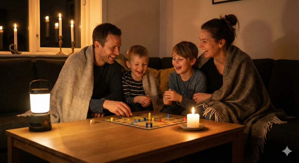Eine glückliche Familie spielt bei Kerzenschein und mit Decken eingekuschelt ein Brettspiel während eines Stromausfalls.