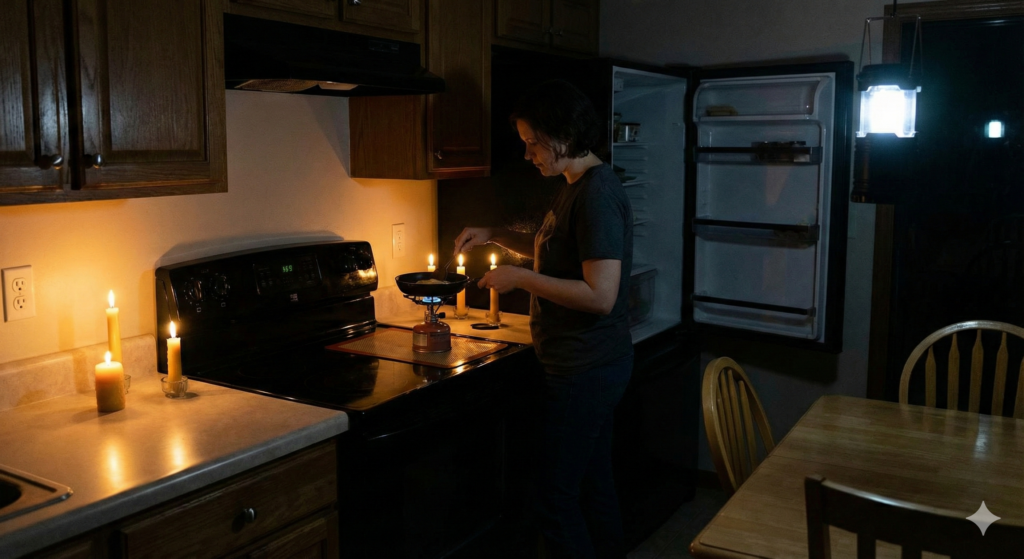 Eine Frau bereitet in einer dunklen Küche mit Hilfe eines Gaskochers und Kerzenlicht eine Mahlzeit zu.