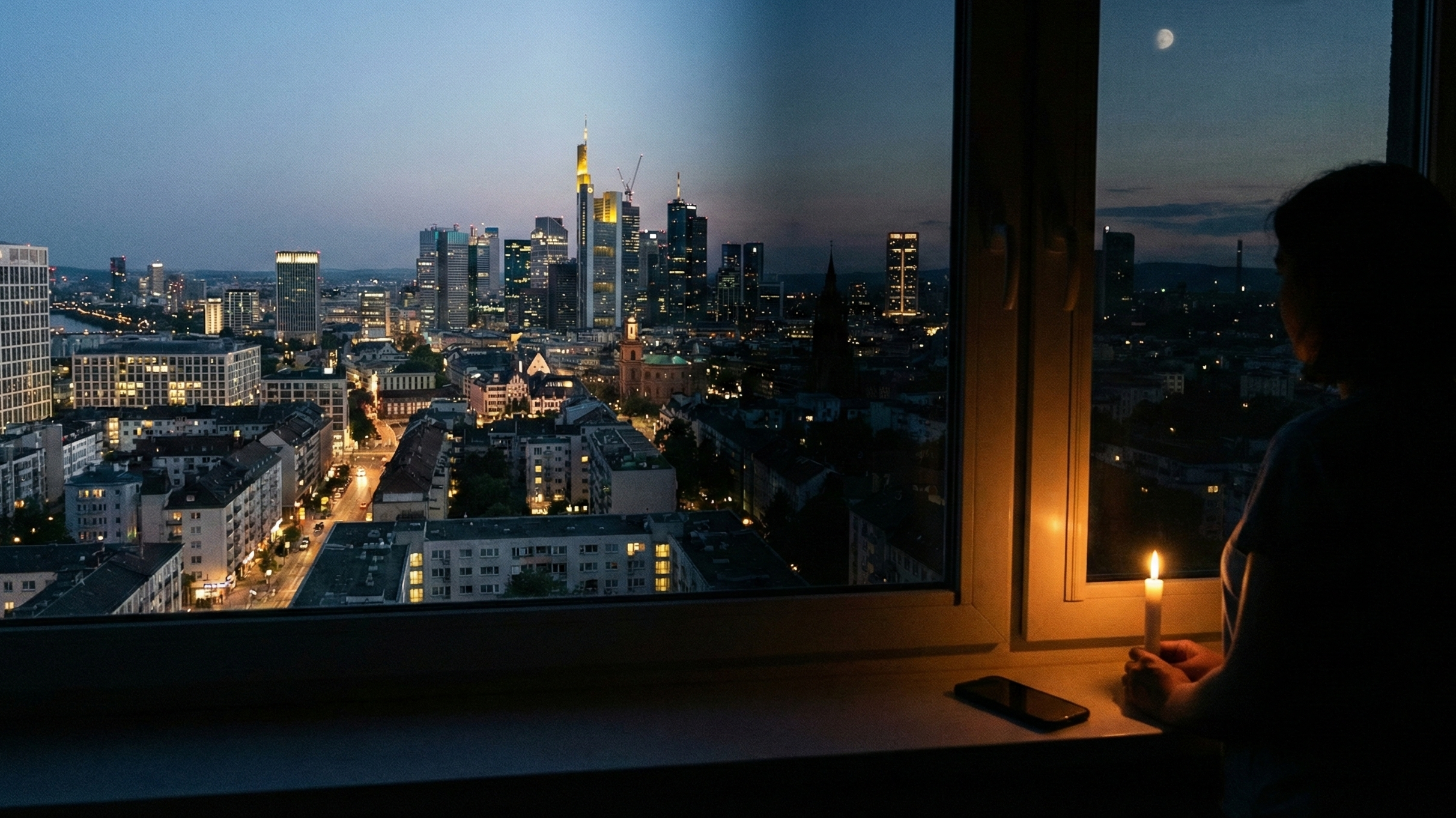 Panorama einer nächtlichen Stadt, die teilweise im Dunkeln liegt, während eine Person im Vordergrund eine Kerze hält.