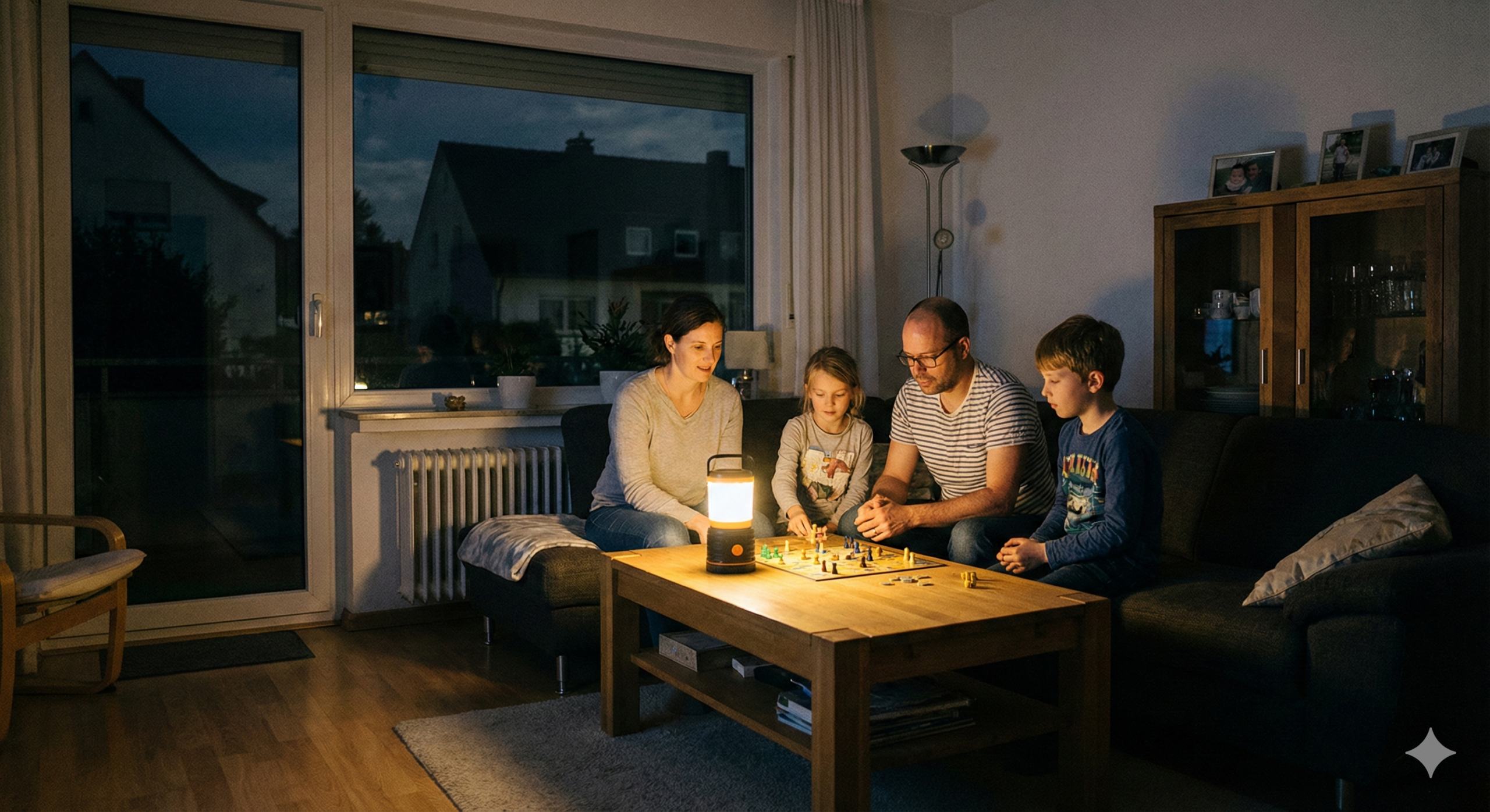 Eine Familie sitzt während eines Stromausfalls bei warmem Licht einer LED-Laterne im Wohnzimmer und spielt ein Brettspiel, draußen ist es dunkel.