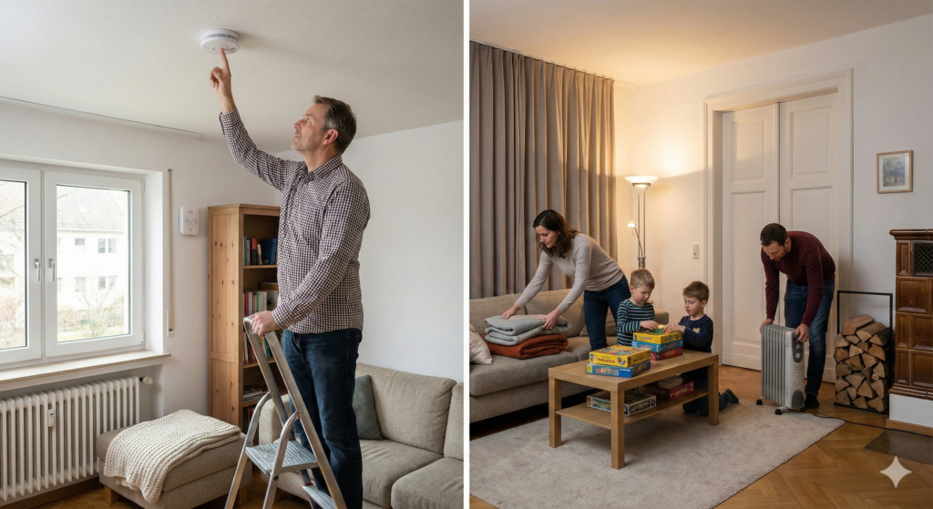 Mann testet Rauchmelder, während Familie im Wohnzimmer Decken vorbereitet und mobilen Heizkörper für Stromausfall aufstellt.