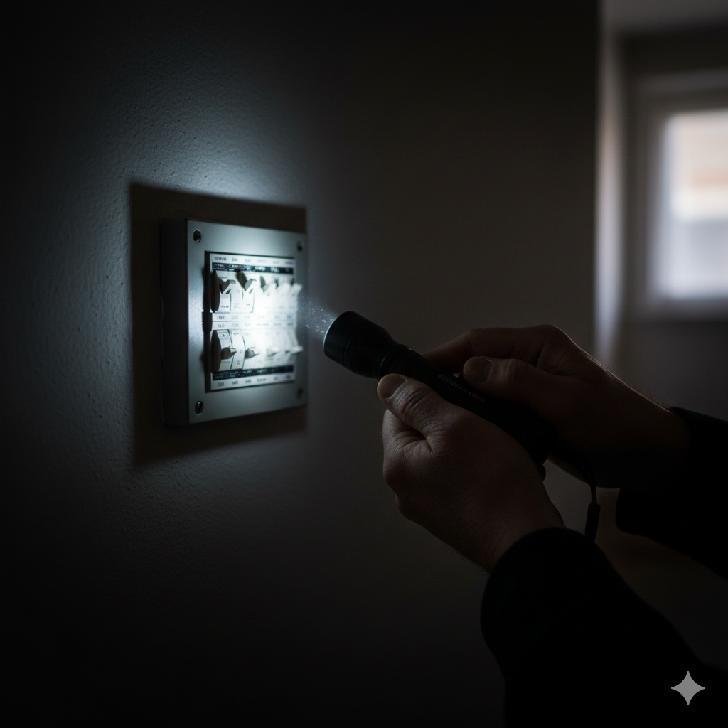 "Hände halten eine Taschenlampe, die einen Sicherungskasten beleuchtet. Das Bild symbolisiert die ersten Schritte zur Überprüfung bei einem Stromausfall und die Vermeidung von Panik." `