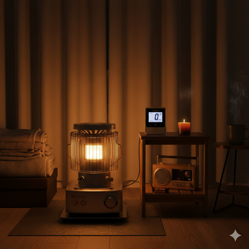 Ein zugelassener Petroleumofen steht sicher in einem Innenraum, flankiert von einem CO-Melder, um die Sicherheit beim Heizen ohne Strom zu gewährleisten." `