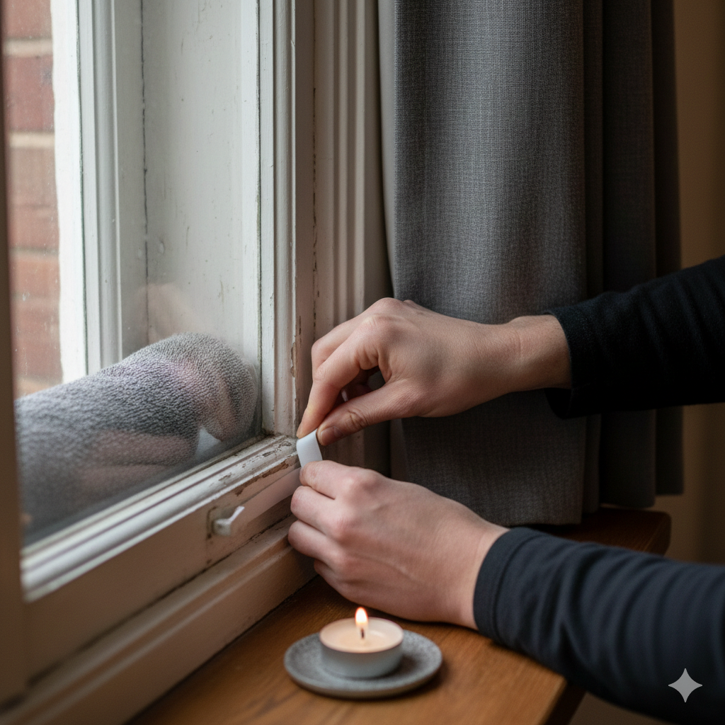 "Hände bringen Dichtungsband an einem Fensterrahmen an, um Zugluft zu verhindern und die Isolation der Wohnung im Winter zu verbessern." `