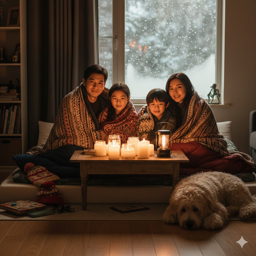 Eine Familie sitzt in einem warm beleuchteten Wohnzimmer während eines Blackouts im Winter, eingekuschelt in Decken. Kerzen und eine LED-Laterne spenden Licht, das auf Geborgenheit und gute Vorbereitung hinweist