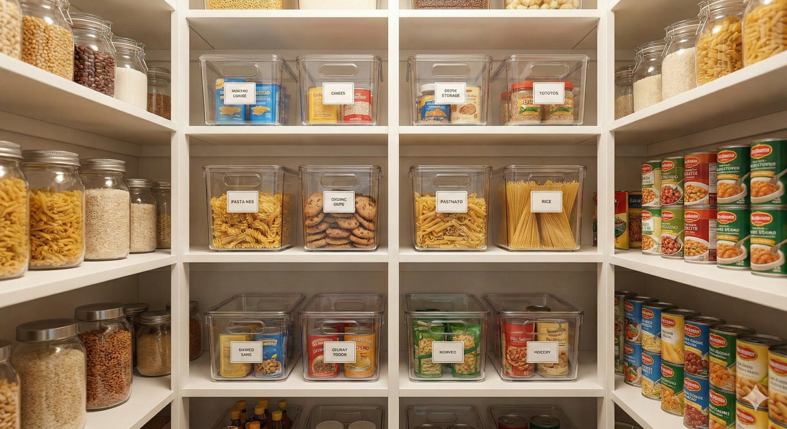Perfekt organisierte Vorratskammer mit Notvorrat in beschrifteten Klarsichtboxen, Gläsern für Nudeln und Reis sowie gestapelten Konservendosen.