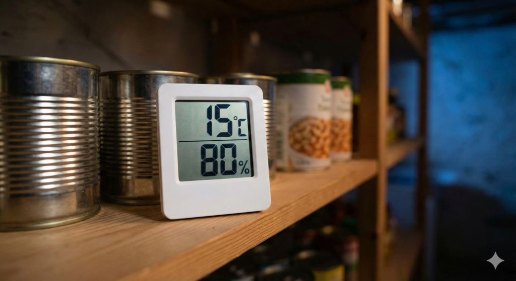 Digitales Thermo-Hygrometer zur Überwachung der Lagerbedingungen (Temperatur und Luftfeuchtigkeit) steht im dunklen Kellerregal neben Konservendosen.