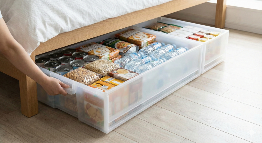 Platzsparende Lagerung von Notvorrat: Eine flache Unterbettkommode auf Rollen, gefüllt mit Wasserflaschen und Lebensmittelvorräten, wird unter einem Bett hervorgezogen.