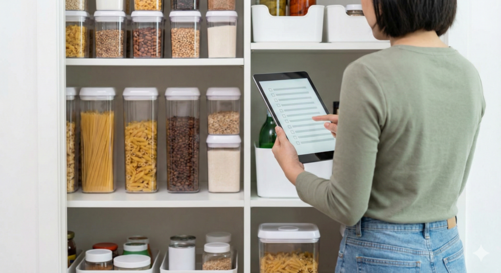 Digitale Bestandsaufnahme des Notvorrats: Eine Person steht vor dem geöffneten, organisierten Vorratsschrank und kontrolliert eine Inventarliste auf einem Tablet.