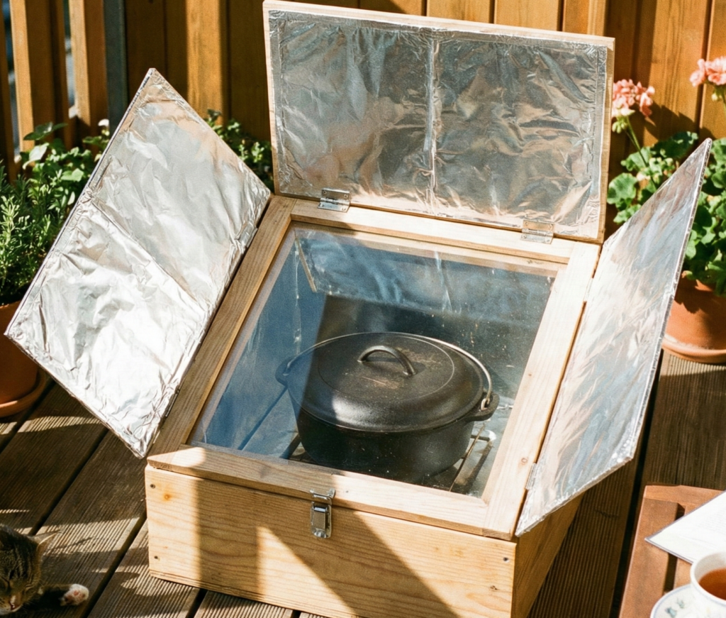 Solarofen auf Balkon als stromlose Kochmethode bei sonnigem Wetter