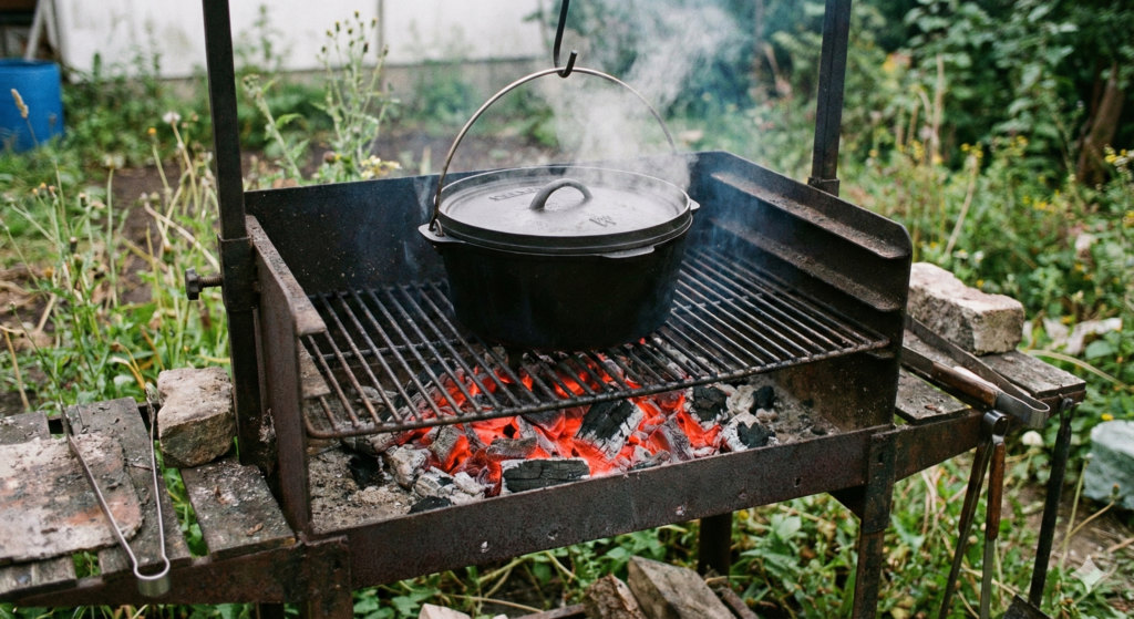 Grill wird im Blackout als Kochstelle mit Topf über Glut genutzt