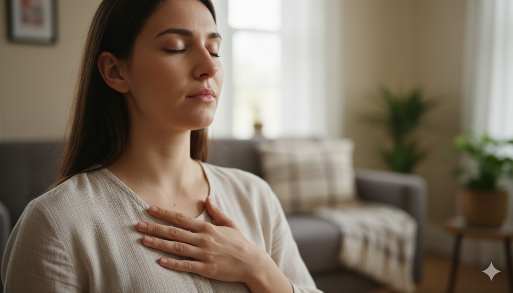 Person führt mit geschlossenen Augen und Hand auf der Brust eine beruhigende Atemübung durch