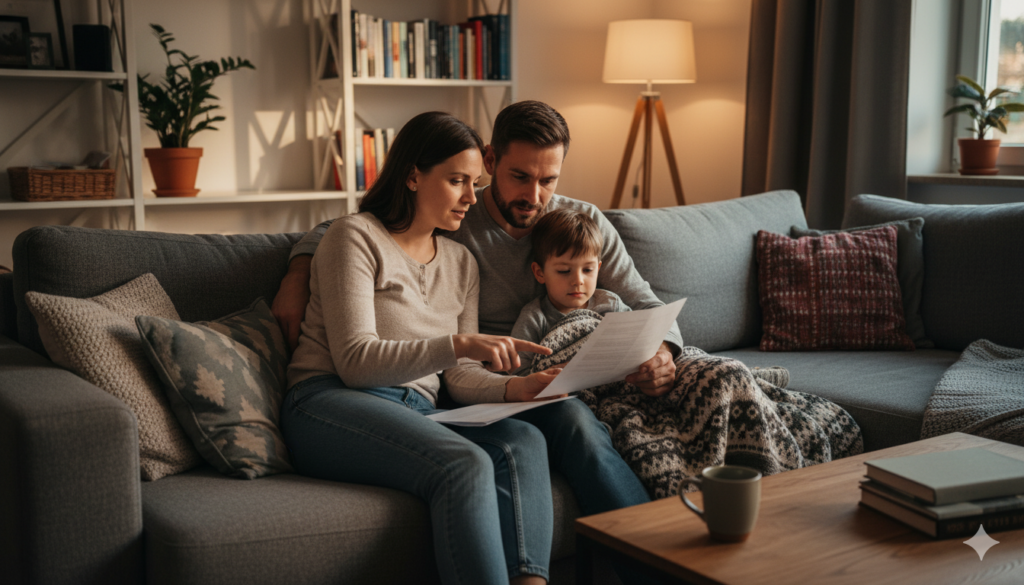 Paar bespricht ruhig auf dem Sofa den gemeinsamen Notfallplan für die Familie.