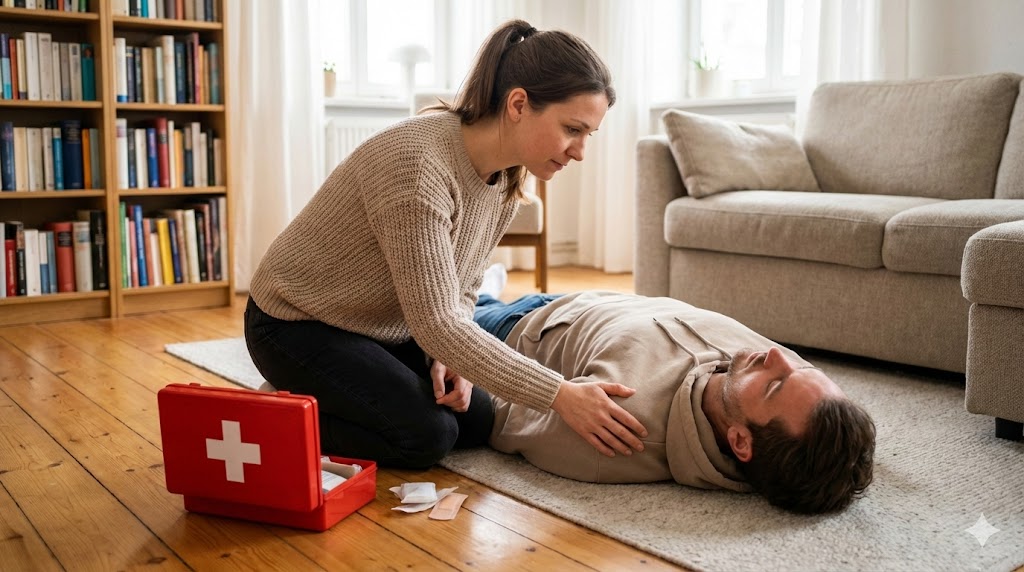 Frau leistet Erste Hilfe im Wohnzimmer und prüft Bewusstsein einer liegenden Person.