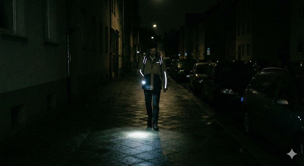 Eine Person mit Jacke und Reflektoren geht nachts durch eine dunkle Straße und leuchtet mit einer Taschenlampe auf den Gehweg.