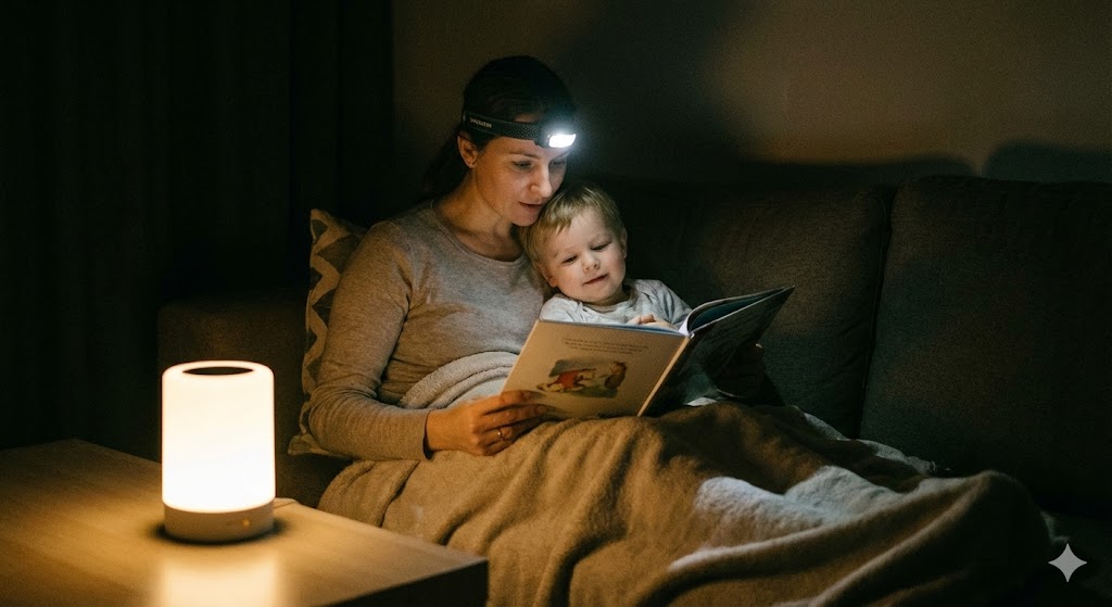 Eine Mutter mit Stirnlampe liest ihrem Kind auf dem Sofa bei warmem Laternenlicht ein Buch vor.