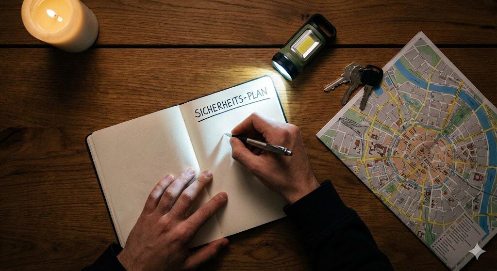 Hände schreiben "SICHERHEITS-PLAN" in ein Notizbuch, umgeben von Taschenlampe, Schlüssel und Stadtplan.