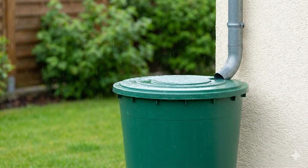 Eine grüne Regentonne im Garten, die an ein Fallrohr angeschlossen ist, bei leichtem Regen