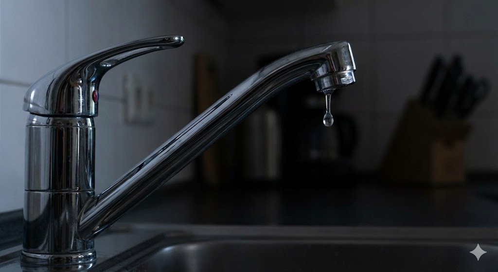 Nahaufnahme eines Wasserhahns, aus dem nur noch ein einzelner Wassertropfen kommt.