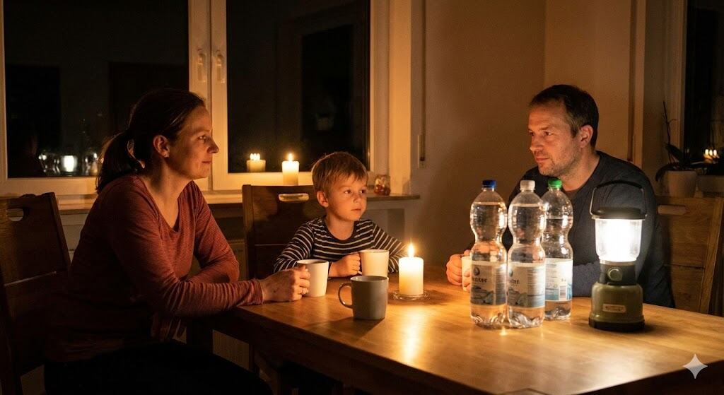 :Eine Familie sitzt bei Kerzenlicht und einer Campinglaterne entspannt am Tisch, Wasserflaschen stehen bereit.
