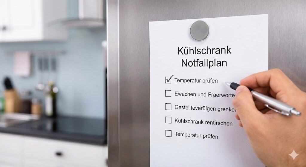 Eine Nahaufnahme einer ausgedruckten Notfall-Checkliste, die mit einem Magneten am Kühlschrank hängt; eine Hand hakt einen Punkt darauf ab.