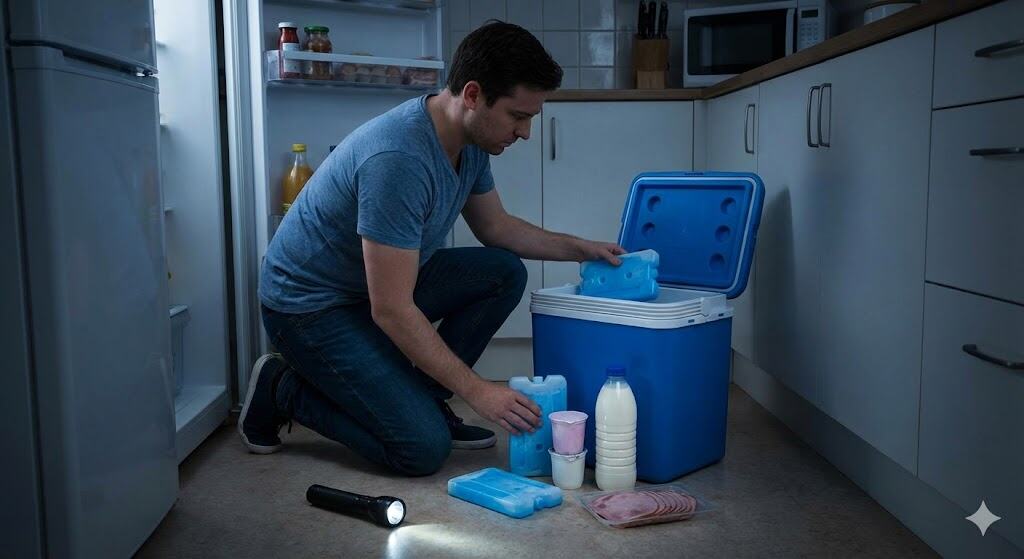 Eine Person packt in einer dunklen Küche Lebensmittel und Kühlakkus vom Kühlschrank in eine mobile Kühlbox um. Eine Taschenlampe liegt am Boden.