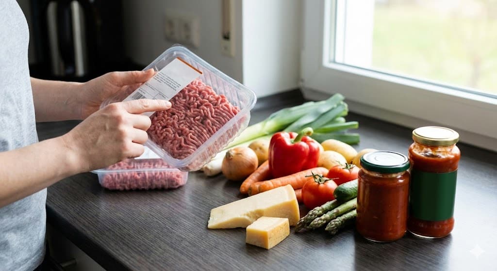 Auf einer Küchenarbeitsplatte werden Lebensmittel aus dem Kühlschrank sortiert; Hände prüfen eine Packung Hackfleisch, daneben liegen Gemüse und Gläser.