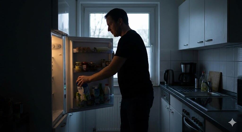 Ein Mann öffnet während eines Stromausfalls die Kühlschranktür nur einen kleinen Spalt, um schnell etwas herauszunehmen und Kälte zu sparen.