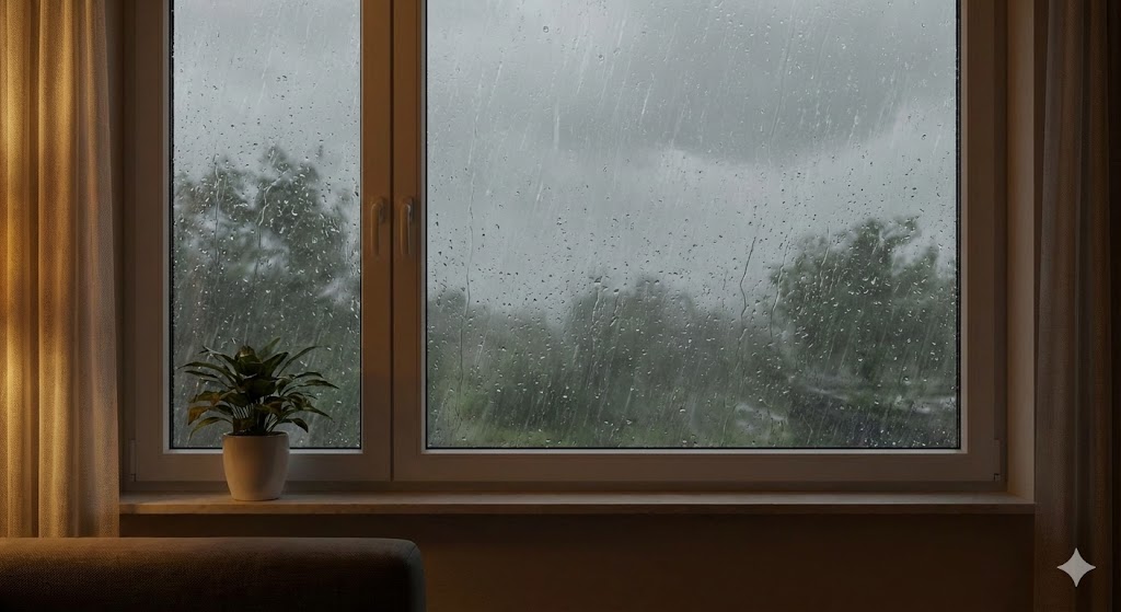 Blick durch ein verregnetes Fenster nach draußen, während es drinnen trocken und sicher istv