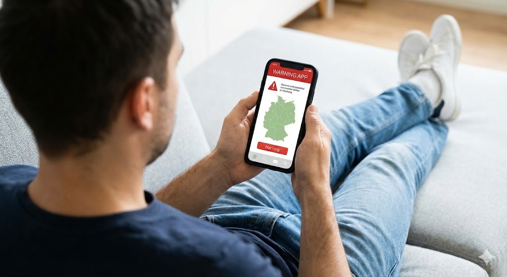 Person prüft Warn-App auf dem Smartphone, um Risiken am Wohnort einzuschätzen.