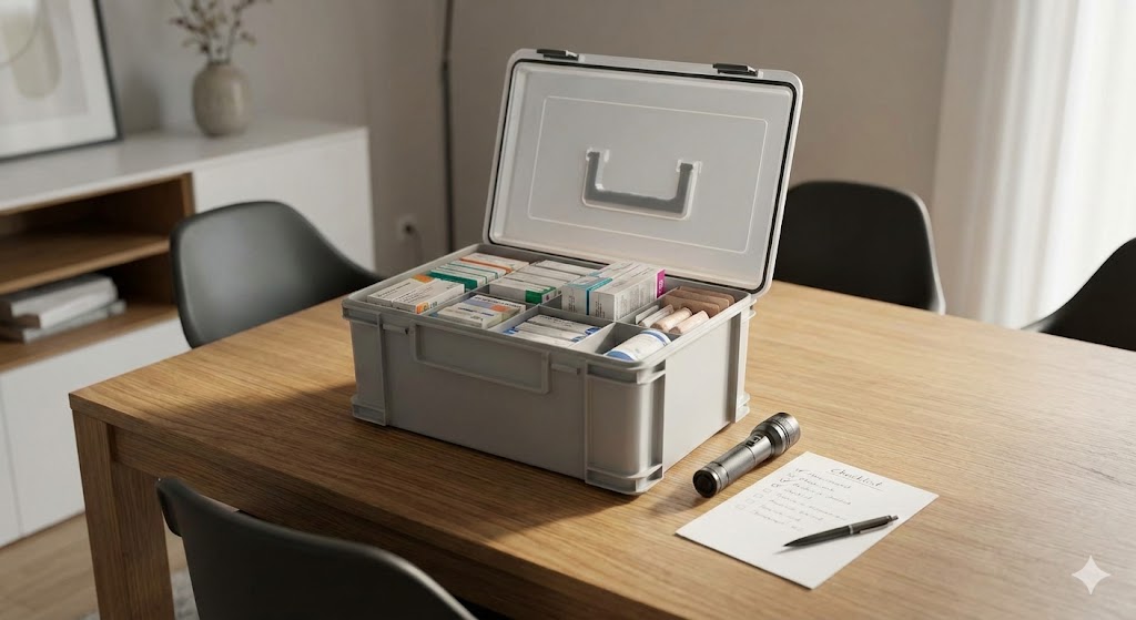 Gut sortierte Notfallapotheke Box auf einem Tisch mit Taschenlampe und Checkliste.