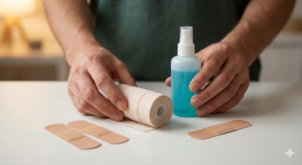 Hände sortieren Verbandsmaterial und Desinfektionsmittel für die Notfallapotheke.