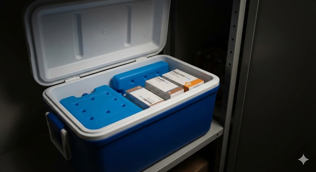 Kühlbox mit Medikamenten und Kühlakkus im Vorratsregal