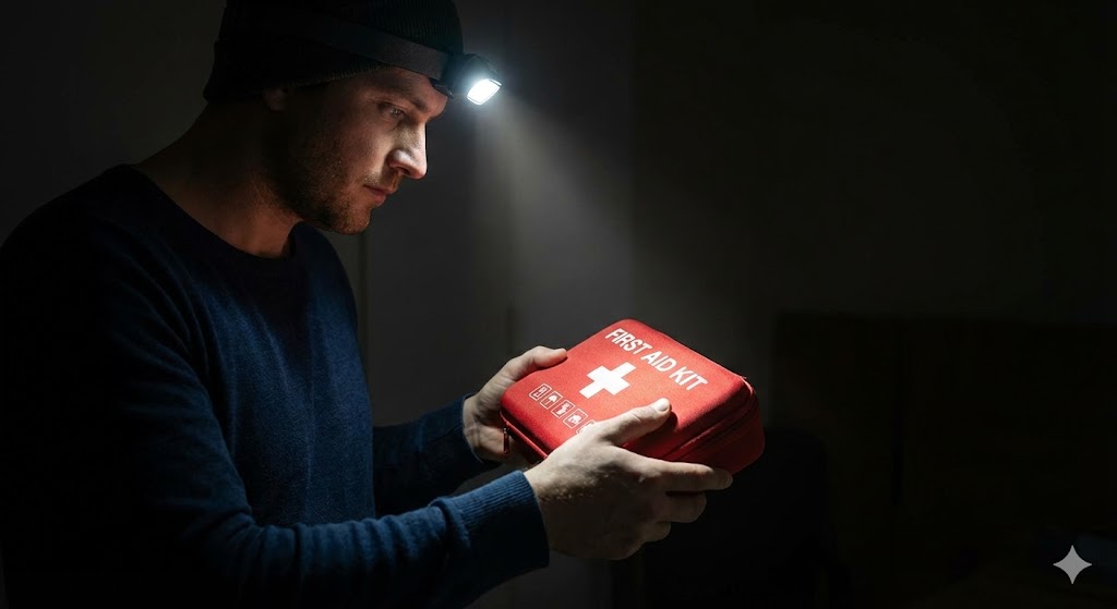 Person mit Stirnlampe prüft Erste-Hilfe-Set im Dunkeln.