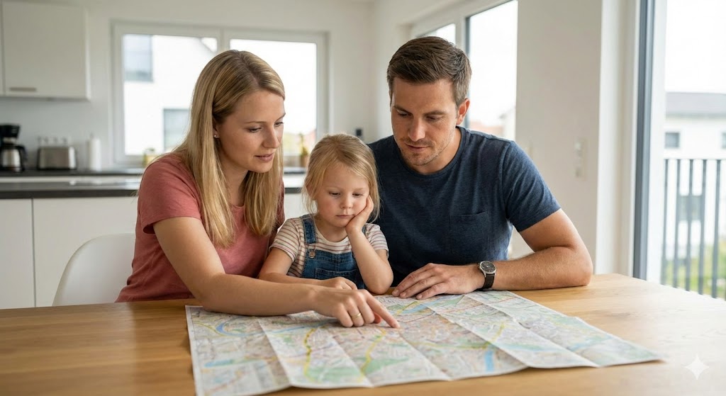 :Familie bespricht ruhig ihren Evakuierungsplan am Esstisch anhand einer Stadtkarte