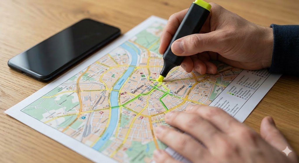 Hände markieren Fluchtwege und Zonen auf einem Stadtplan mit Textmarker.