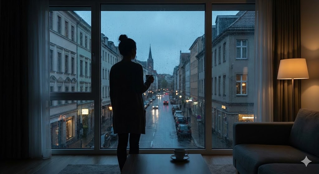 Person steht ruhig am Fenster und beobachtet die Lage auf der Straße bei Regen.