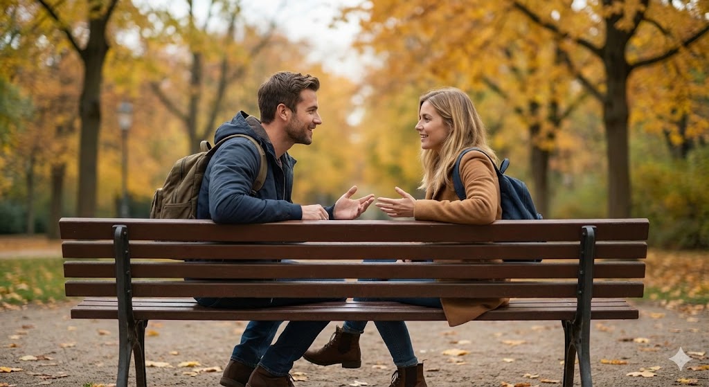 Paar trifft sich mit Rucksäcken an einem vereinbarten Treffpunkt im Park.