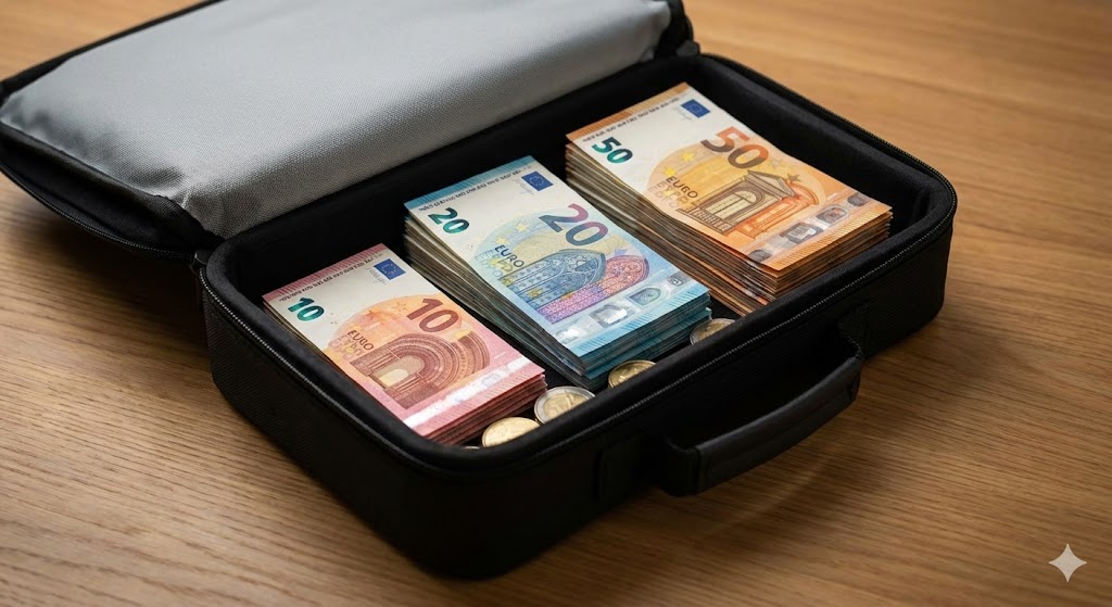 Eine offene, feuerfeste Tasche mit sortierten Euro-Scheinen und Münzen als Notgroschen.