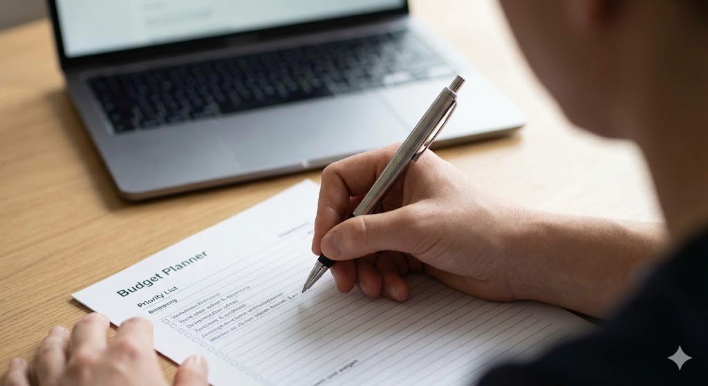 Eine Person füllt handschriftlich einen Budgetplaner für Prioritäten und Rücklagen aus.