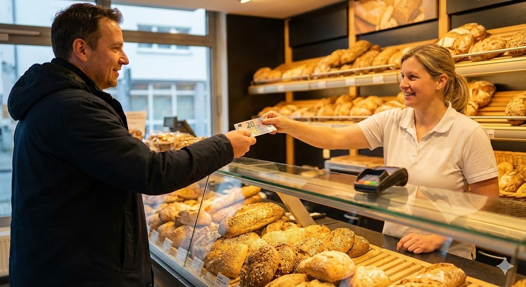 Kunde bezahlt beim Bäcker bar mit einem 20-Euro-Schein, freundliche Alltagssituation.