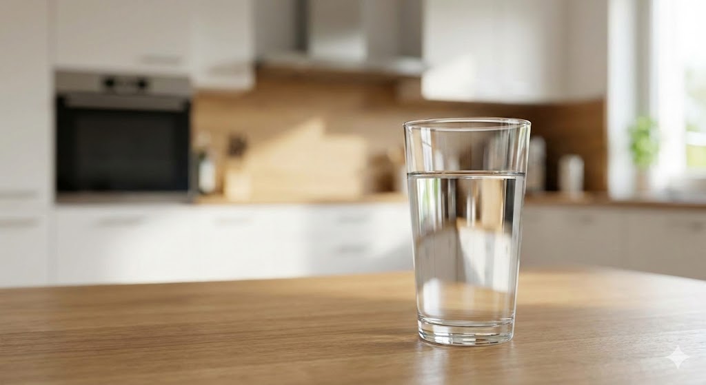 Ein Glas sauberes Trinkwasser auf einem Holztisch in einer hellen Küche.
